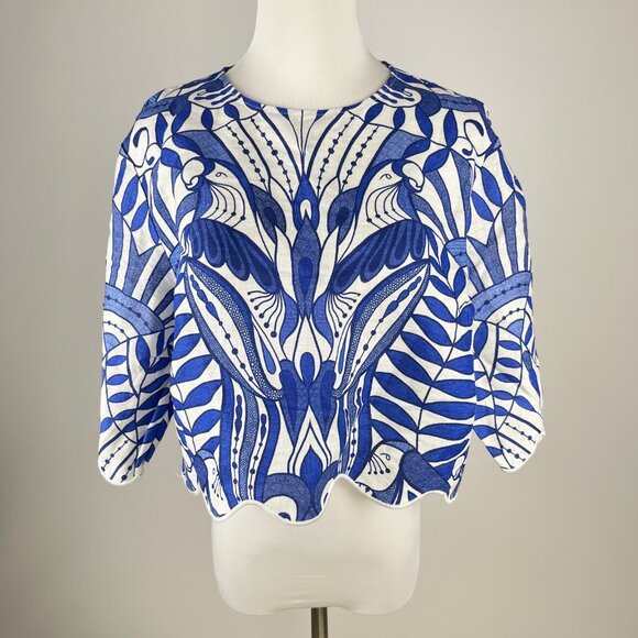 NWOT Farm Rio Linen Lace Nature Short-Sleeve Crop Wavy Blouse Size M Blue - Picture 2 of 11